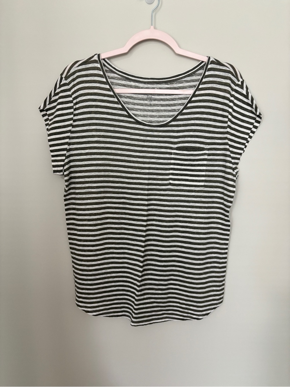 Loft Striped Scoop Neck Pocket Tee - Olive Green & Cream Size L - new but washed